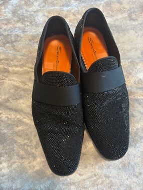 Santoni Black Crystal-Accented Slip-On Loafers